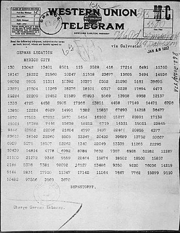 The Germans send the secrete Zimmerman Telegram to Mexico
