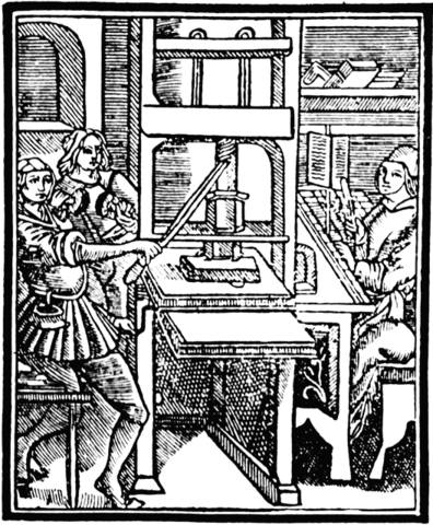 Johannes Gutenberg uses his printing press to print the Bible.