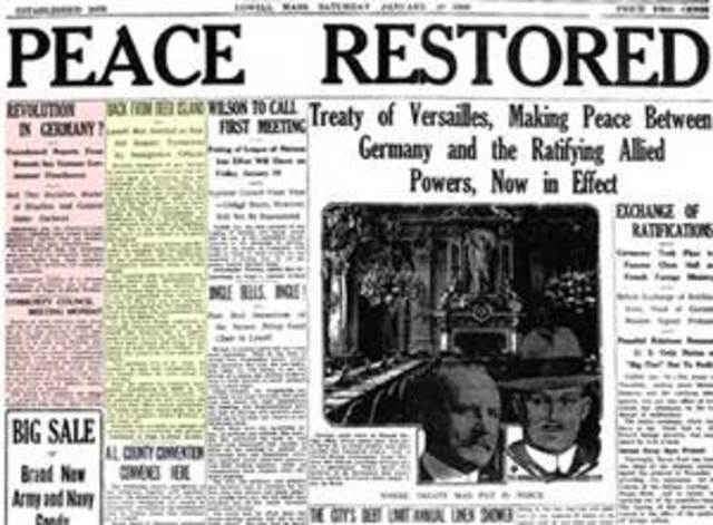 The Treaty of Versailles officially ends WWI.