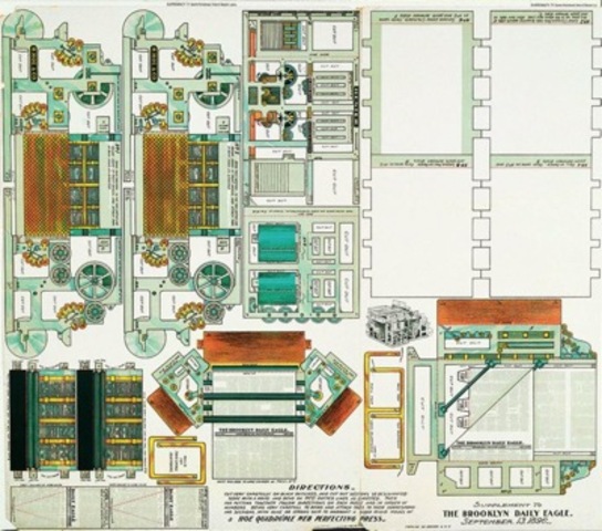 This paper model of the Hoe “quadruple web-perfecting press,” printed using chromolithography, was published on 13 Septembe