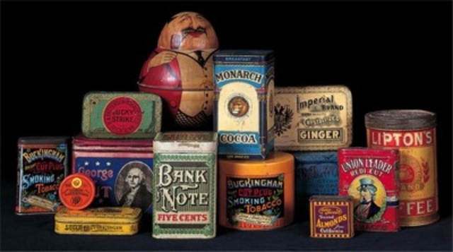 Package designs chromolithographed on tin for food and tobacco products