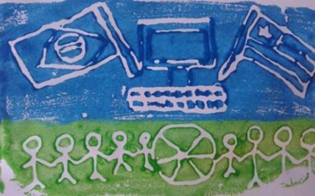 Xilogravura sobre globalização.