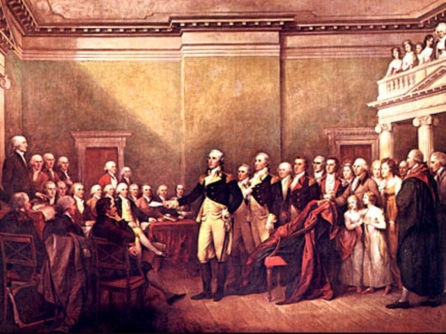 Washington resigned his military command at the end of the revolutionary war in