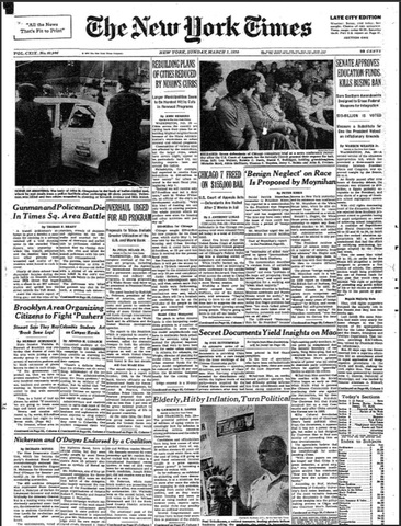 A confidential memo to Nixon from Pat appears on the front page of the New York Times: "Benign Neglect' on Race is Proposed by Moynihan"
