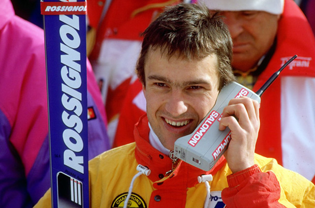 In the Field Frenchman Frank Piccard calls in after taking Gold in the Super G at the 1988 Winter Olympics.