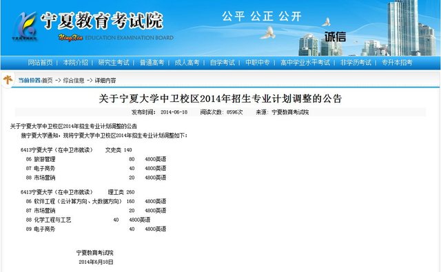 发布《关于宁夏大学中卫校区2014年招生专业计划调整的公告》