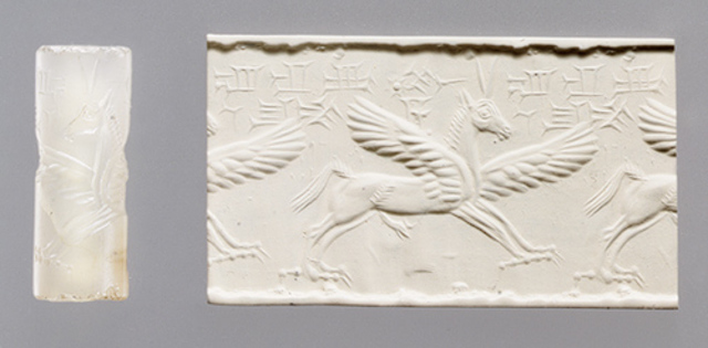 Cylinder seal and modern impression with winged horse with claws and horns