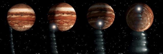 Hubble takes pictures of comet Shoemaker Levy 9 as it hits Jupiter
