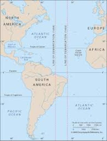 Pope Alexander VI draws the Line of Demarcation