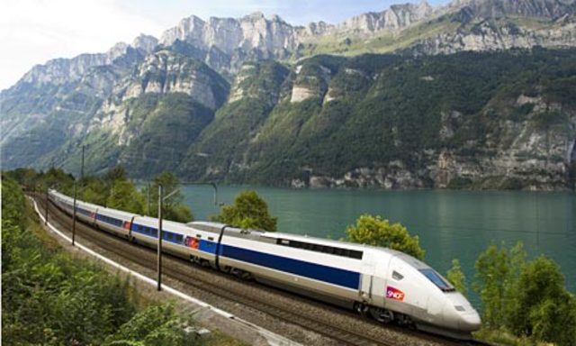 A high speed TGV train reaches world record 320 mph in France