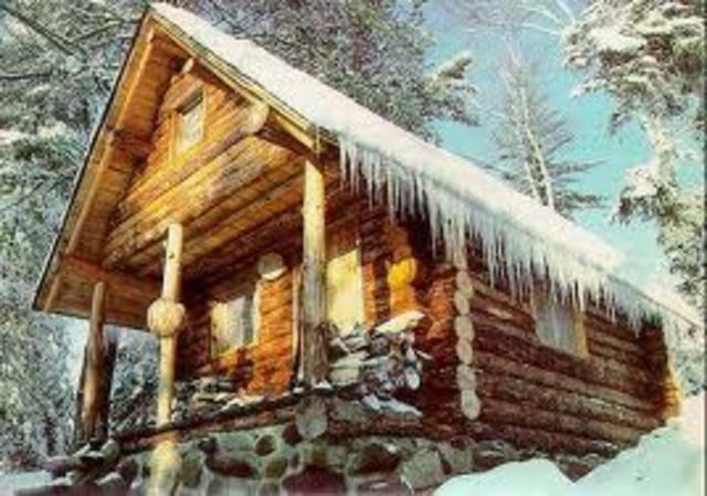Scandinavian log cabin with chinking and gable roof