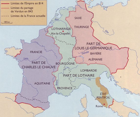 Partage de l'empire par les petits fils de Charlemagne.
