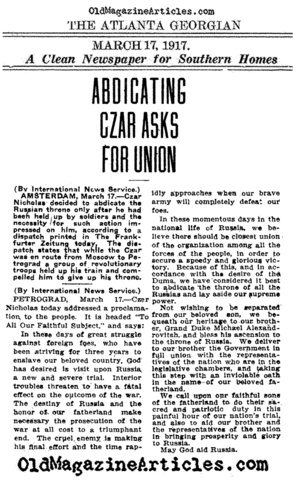 Czar Nicholas II abdicates the Russian throne