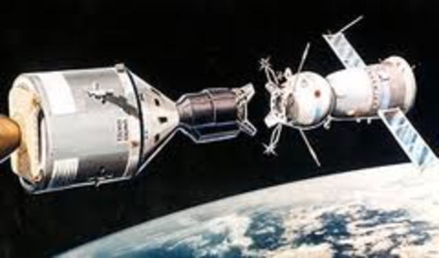 the U.S and the Sovieet Union dock ships together as a sign that they want to work together (the end of the space race)