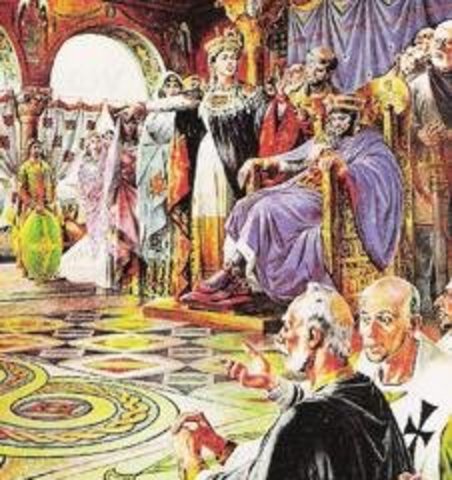 Ο Ιουστινιανός έτοιμος να φύγει. Τον συγκρατεί η Θεοδώρα. Ο Βελισσάριος  σφάζει τους στασιαστές