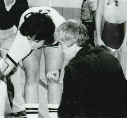 Coach Nan Nichols Huddles with Players, 1983-84