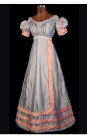 Blue silk gown with rouleau trim