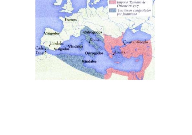 El Impero Bizantino conquista el norte de África, Sicilia, sur de Italia y el sur de Hispania.