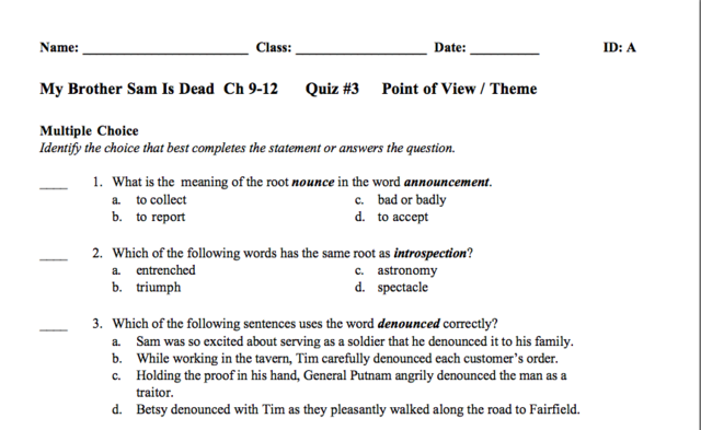 Formative Assessment: Quiz for Ch 9-12