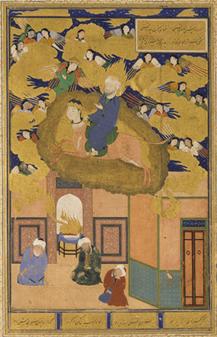 The Mi'raj, or, The Night Flight of Muhammad on his Steed Buraq: Folio from a Bustan of Sa'di