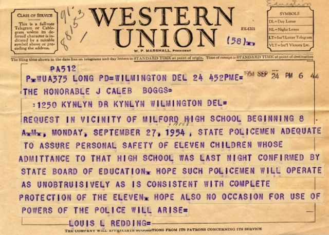 Eleven black students attend the first day of school at Claymont High School, Delaware, becoming the first black students in the 17 segregated states to integrate a white public school. The day occurs without incident or notice by the community.