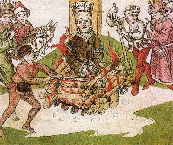 John Huss was burned at the stake for being a dissenter of the catholic church.