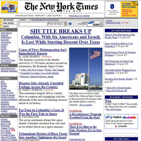 Space Shuttle Columbia explodes (New York Times)