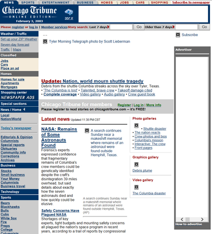 Space Shuttle Columbia explodes (Chicago Tribune)