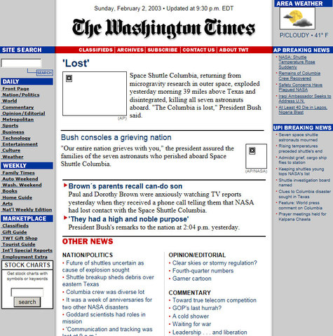 Space Shuttle Columbia explodes (Washington Times)