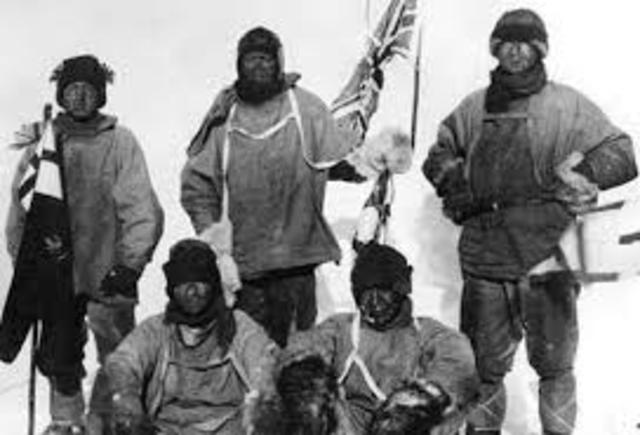 Roald Amundsen first on the South Pole followed by Robert F. Scott, Edward Wilson, Edgar Evans and Lawrence Oates