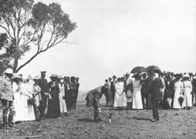 The foundations stone of Canberra is laid by Prime Minister Andrew Fisher