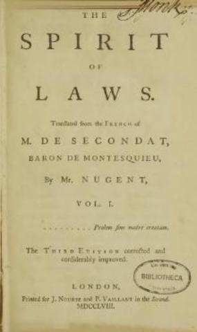 Montesquieu publishes book, On the Spirit of Laws