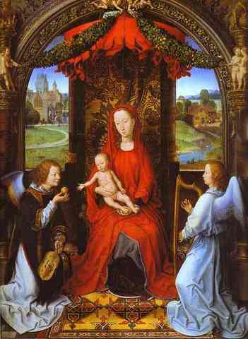 Hans Memling Selingenstadt, Madonna y Niño con dos Angeles.