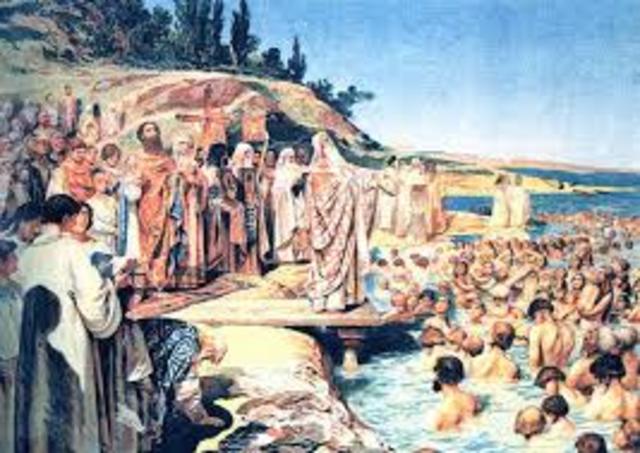 Vladmir and all his subjects are baptised, establishing Orthodox Christianity as religion of Russia