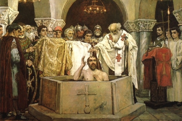 Vladimir and all of his subjects are baptised, establishing Orthodox Christianity as a religion of Russia
