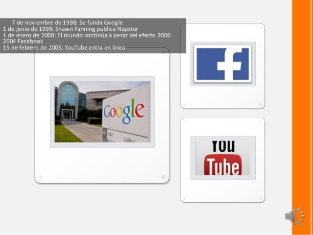 7 de noviembre de 1998: Se funda Google 1 de junio de 1999: Shawn Fanning publica Napster 1 de enero de 2000: El mundo continúa a pesar del efecto 2000 2004
