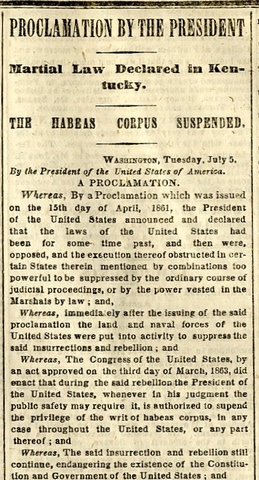 Writ of Habeas Corpus Suspeneded