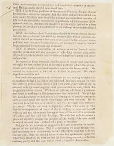 Wilson issues his 14 Points to peace.