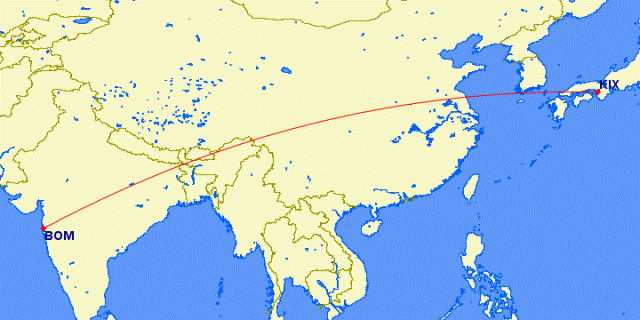 The Flight from New Delhi, India to Osaka, Japan