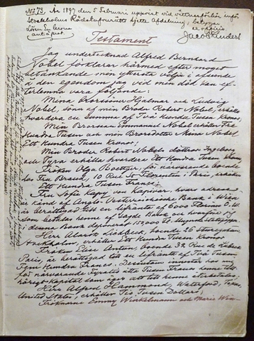 Alfred Nobel's will is signed in Paris