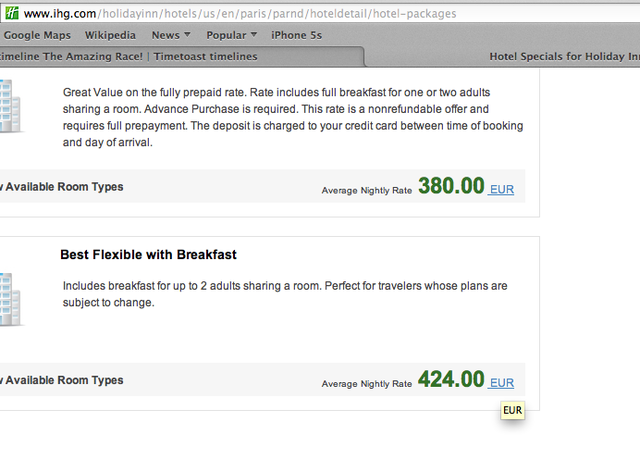 Nightly rate at the hotel 424.00 eruos