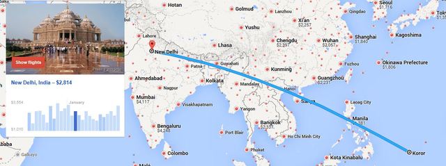MAP of Koro to New Delhi
