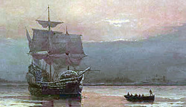 The Mayflower lands at Plymouth Rock
