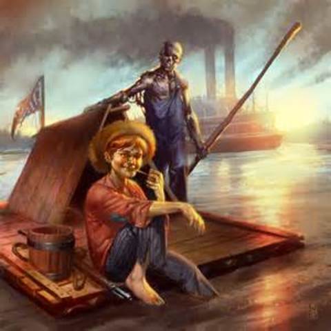 Mark Twain Writes Huckleberry Finn, the tales of a white boy helping a slave escape.