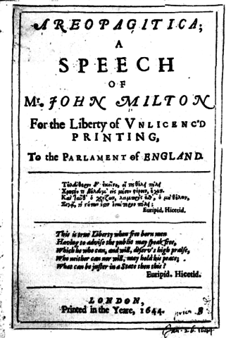 1644 – John Milton denounces licensing of the press in Areopagitica