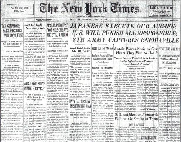 President Roosevelt announces the Japanese have executed several airmen from the Doolittle Raid.