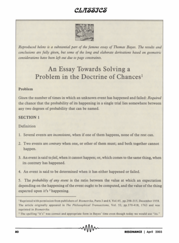 Essay Towards Solving a Problem in the Doctrine of Chances