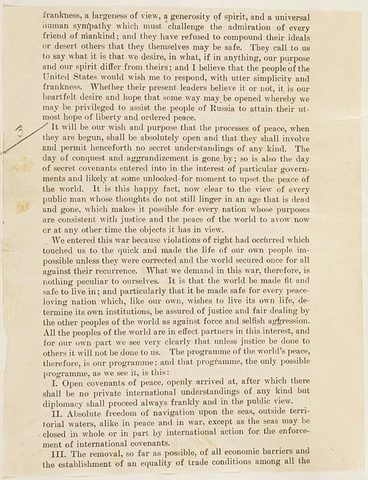 Woodrwo Wilson presents his Fourteen Points Peace Plan