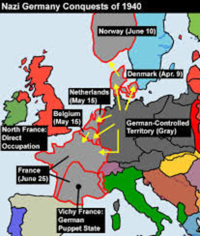 1940 Nazis invade Denmark, Norway, the Netherlands, Luxembourg and Belgium – take control