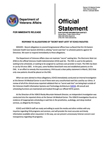 Denver VA Issues Press Release